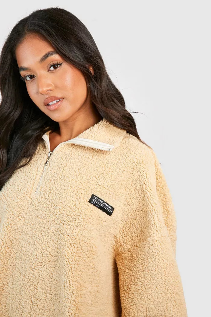 Petite Borg Funnel Neck Zip Sweater | Boohoo.com (UK & IE)