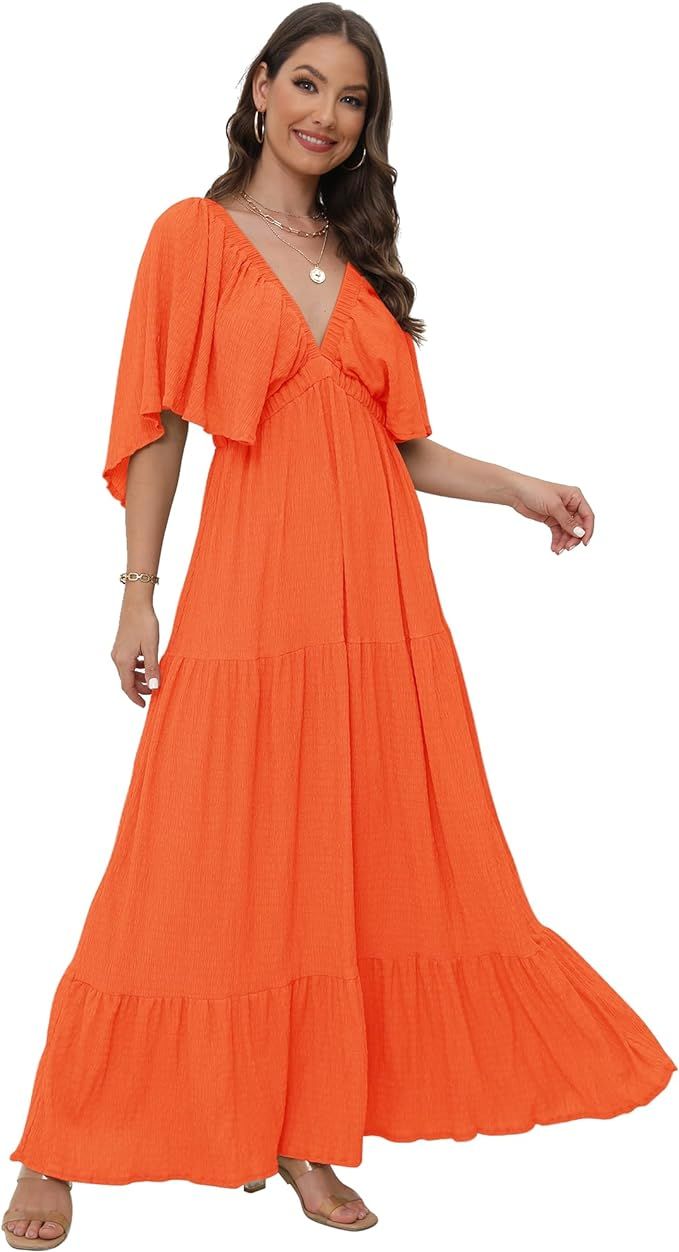 Women's Summer V-Neck, Tiered Silhouette with Flutter Sleeves Maxi Dress for Casual | Amazon (US)