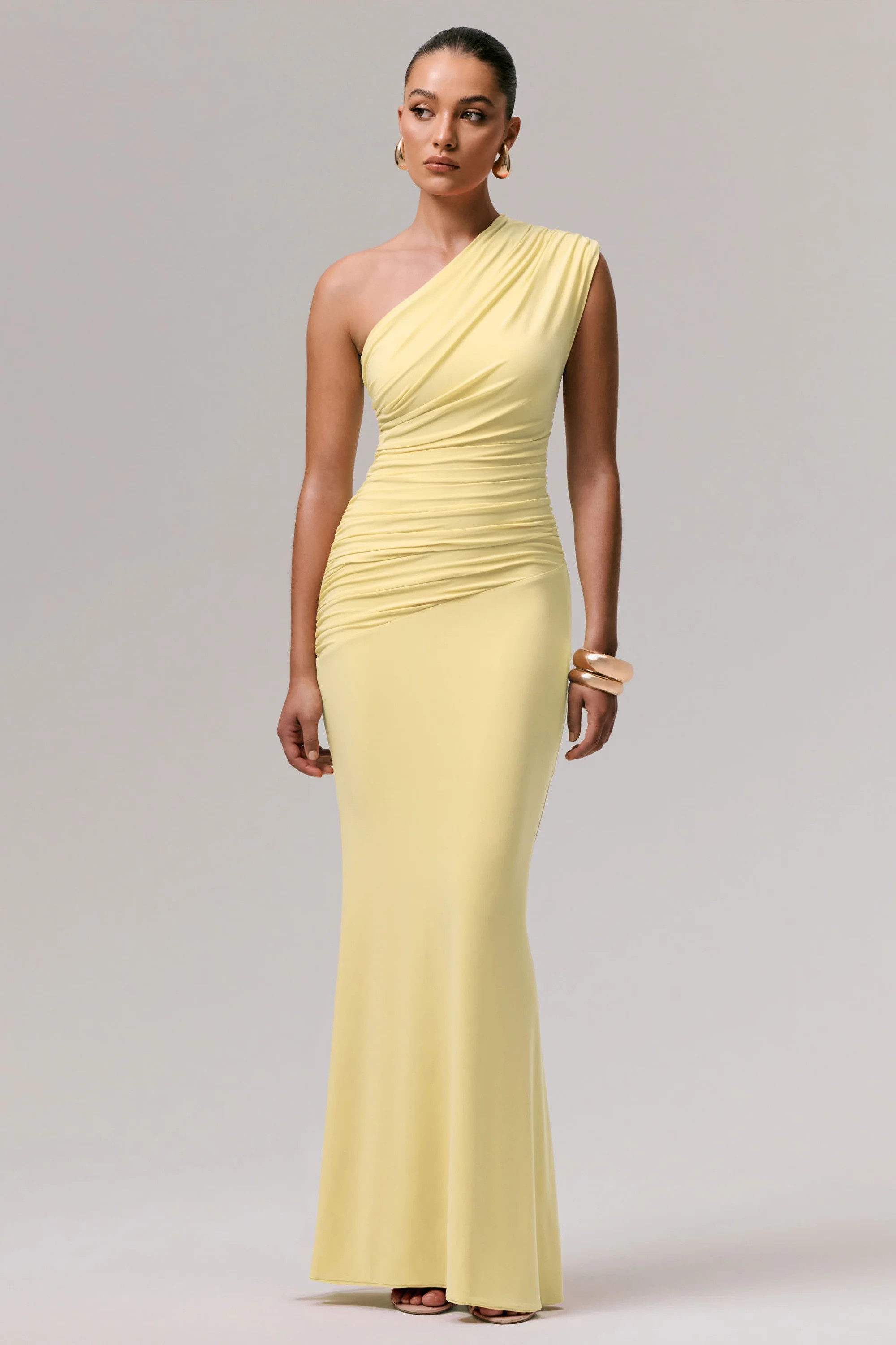 Mardi | Lemon Asymmetric Maxi Dress With Ruching | Club L London