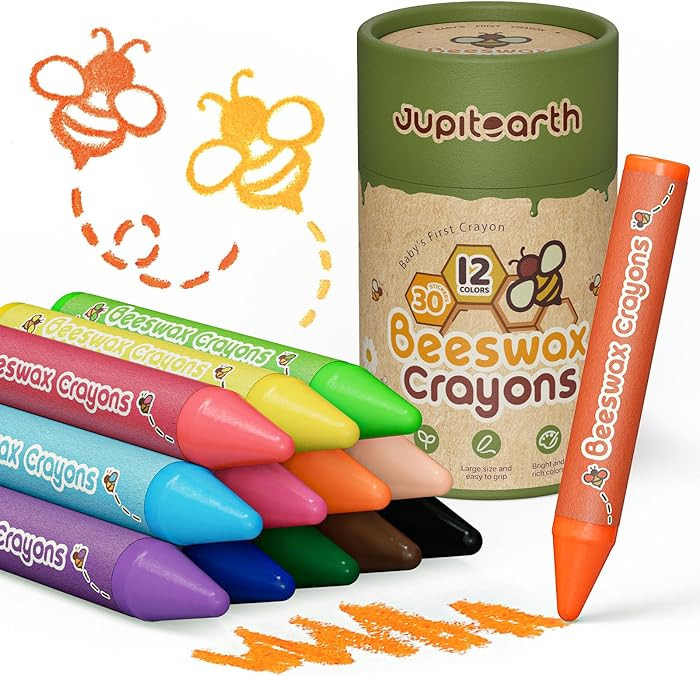 JUPITEARTH Beeswax Crayons for Toddlers 1–3, 12 Non-Toxic Silky Crayons, Jumbo and Washable Cra... | Amazon (US)