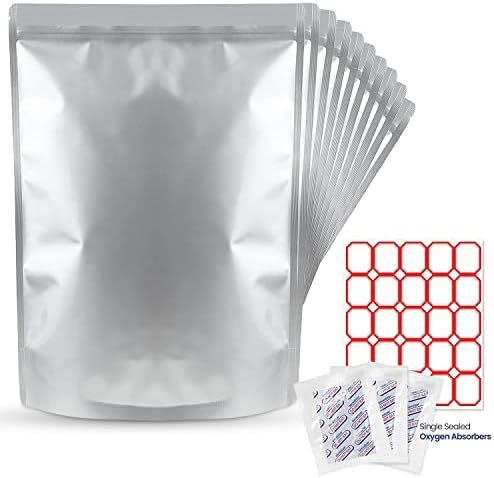 10pcs 5 Gallon Mylar Food Storage Bags - 10 Mil Thick with Oxygen Absorbers 2500cc - Resealable Z... | Amazon (US)