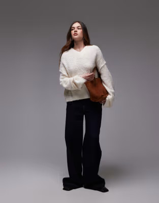 Topshop knitted high v-neck boucle jumper in cream | ASOS (Global)