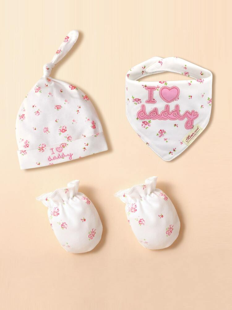 1pc Baby Flower Print Hat & 1pc Bib & 1pair Gloves | SHEIN