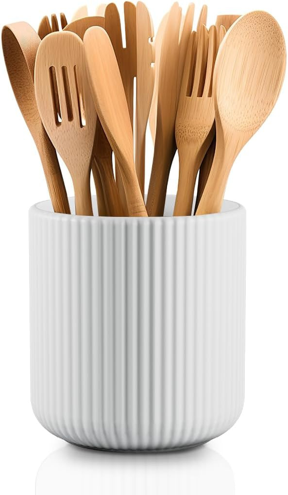 Maison Neuve Taylor Ceramic Embossed Utensil Holder in White, Fluted Design, Matte White Kitchen ... | Amazon (US)