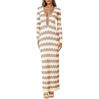 Saodimallsu Womens Crochet Summer Maxi Dress Striped Sexy Cut Out V Neck Long Sleeve Knit Cover U... | Amazon (US)