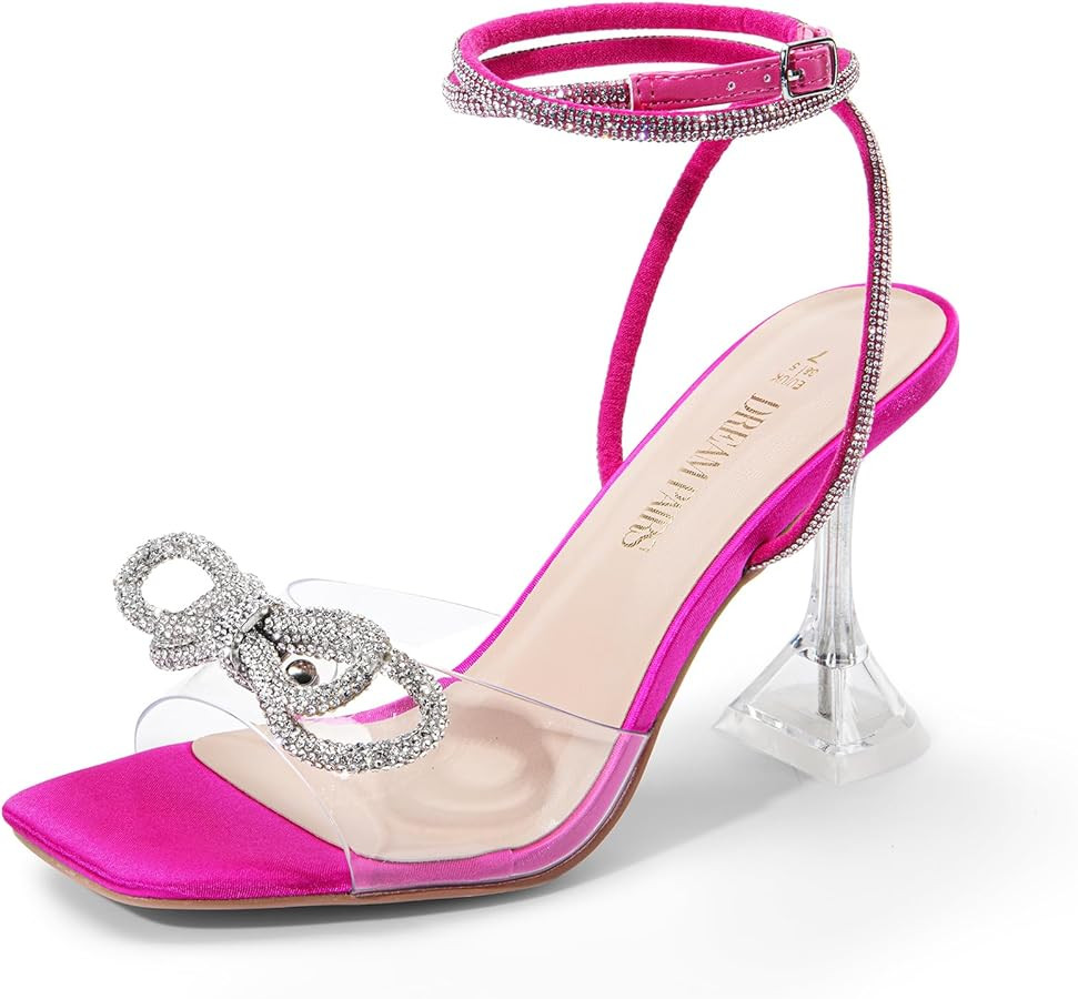 DREAM PAIRS Stiletto Bow Heels for Women Strappy Sparkly Rhinestone Square Toe Clear Crystal High... | Amazon (US)