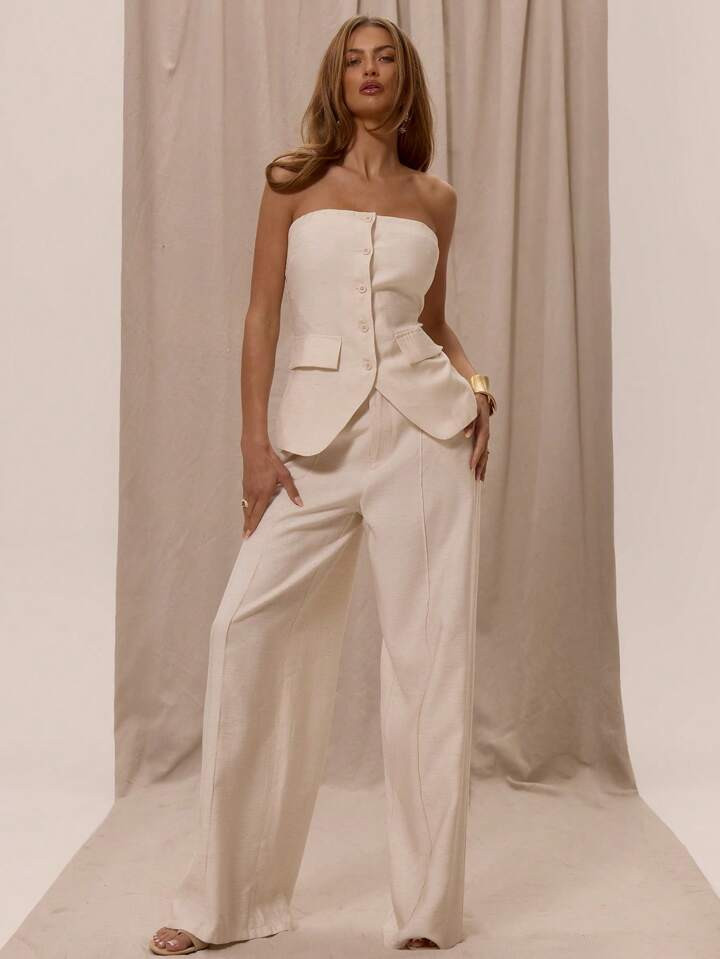 MUSERA Low Rise Tailored Seam Detail Elegant Boho Romantic Linen Feel Wide Leg Trousers For Spring Summer Vacation Holiday Beachwear Ibiza Elegant Business Casual Summer Spring Vacation Graduation Prom Wedding Guest Birthday | SHEIN