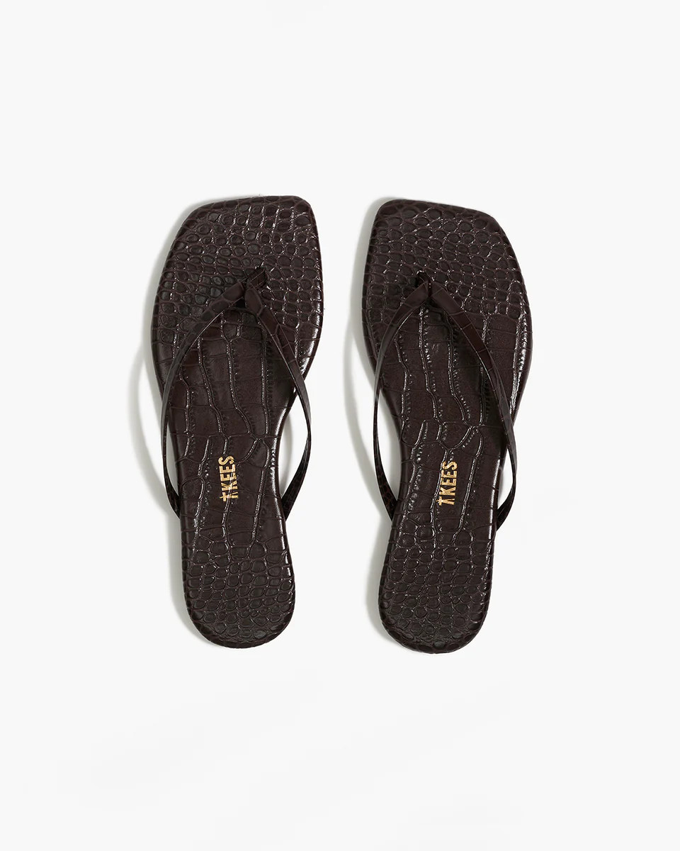 TKEES Square Toe Lily Croc Leather Flip Flops in Carob | TKEES