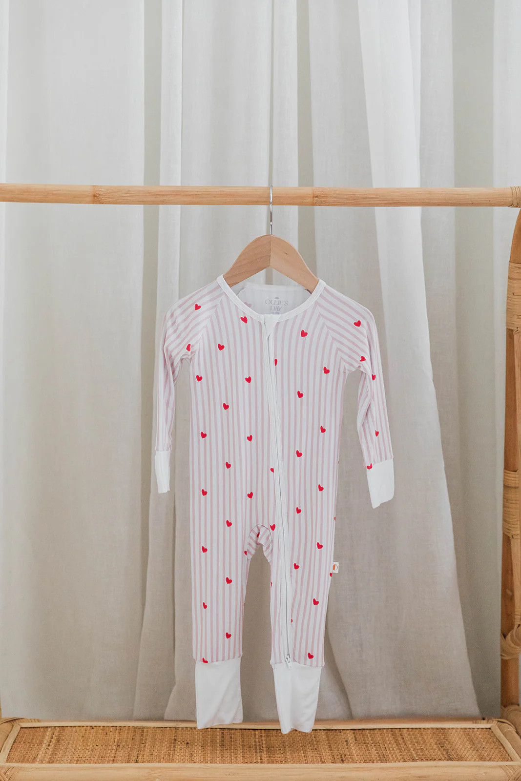 Valentine’s Pink & White Stripe Zippered Romper with Red Hearts | Cozy Loungewear | Ollie's Day
