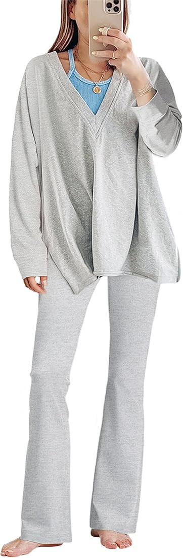 2 Piece Outfit for Women Oversized T-shirts and Flared Legging Set Hot Shot Reversible Long Sleev... | Amazon (US)