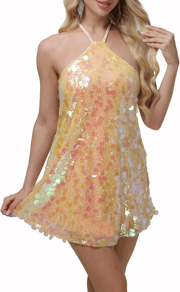 Women's Sequin Halter Neck Mini Dress Backless Sparkly Party Club Dress | Amazon (US)
