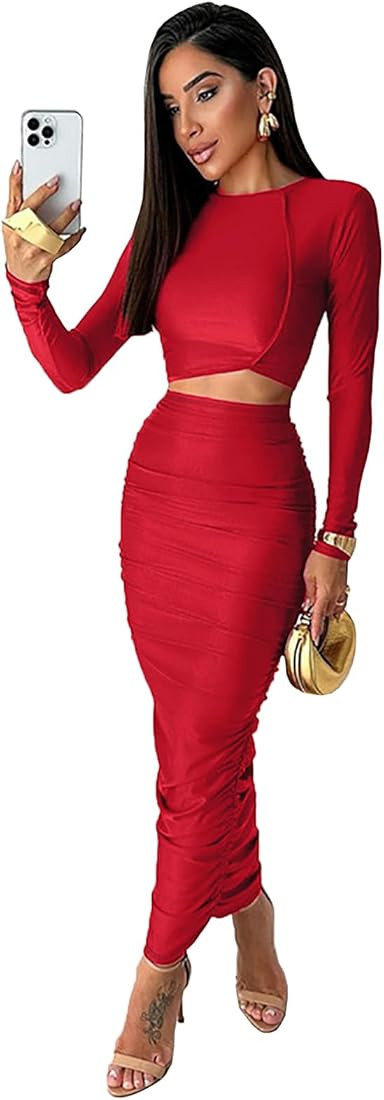 acelyn Skirt Sets Women 2 Piece Outfits Dresses Long Sleeve Shirts Crop Tops Bodycon Ruched Long ... | Amazon (US)