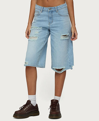 Women's Low-Rise Distressed Denim Bermuda Shorts, 16" Inseam | Macy's