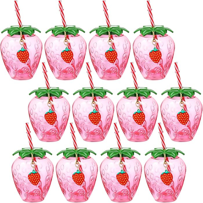 LemonRoad 12 Pcs 17 oz Strawberry Shaped Cups with Lids and Straws Reusable Cute Drinking Cups St... | Amazon (US)