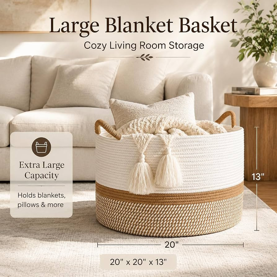 KAKAMAY Large Blanket Basket with Handles, Storage Basket for Living Room | Amazon (US)