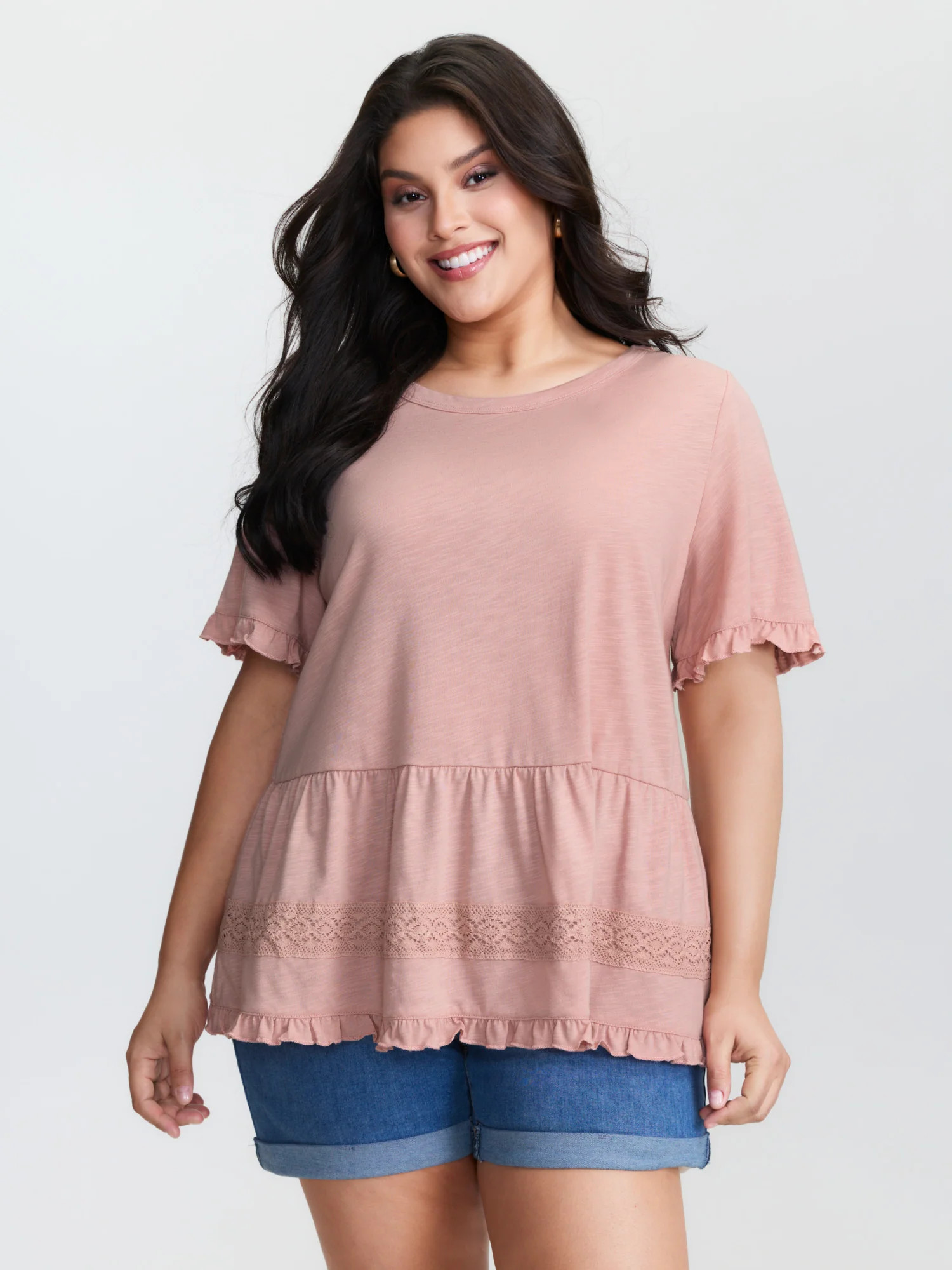Lace Trim Ruffled Hem Plain Knit Top | Bloomchic