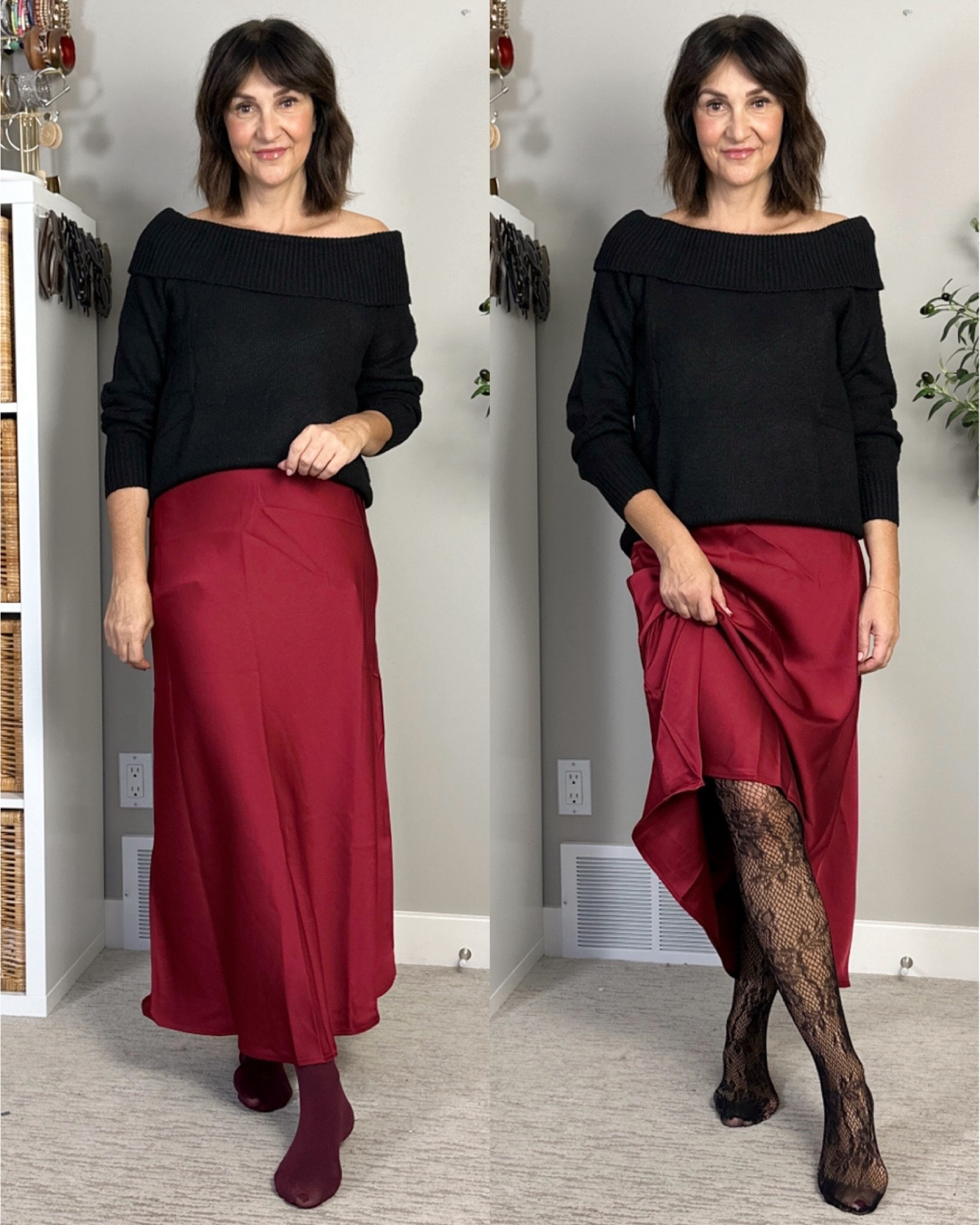 A few holiday outfit items from Amazon! 
The burgundy skirt is gorgeous, I love the fit and how it drapes, elastic waist, bias cut, I’m in my usual size S (I’m 5’ 7”).
The off the shoulder sweater was a bit disappointing, I felt the fold over part should be bigger and the sleeve length was awkward. I sized up to M. Was also slightly itchy.
Love the burgundy opaque tights, I size S-M, the color is perfect.
Also love the printed nylons, they are “one size” which I think fits XS-L, there is also a plus option. You get six prints and there are other options for different prints.


#LTKFindsUnder100 #LTKSeasonal #LTKStyleTip