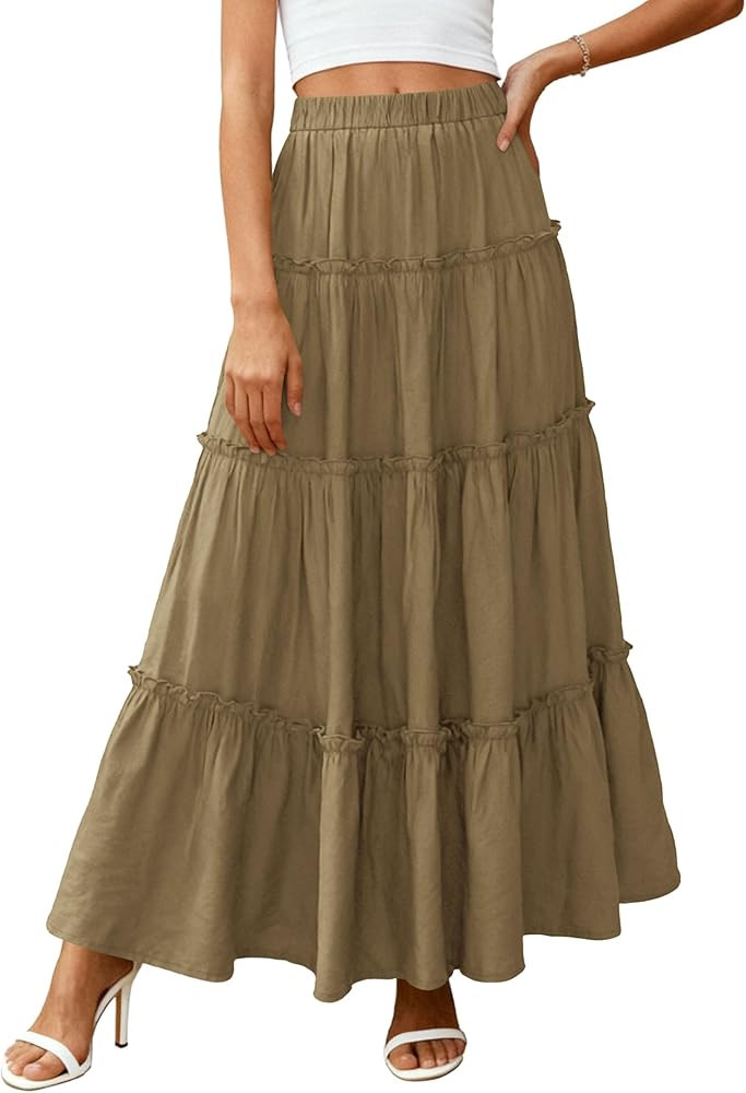 PRETTYGARDEN Boho Maxi Skirts for Women Trendy Summer 2026 Spring Long Flowy A Line Tiered Skirt Beach Vacation Clothes Dress | Amazon (US)