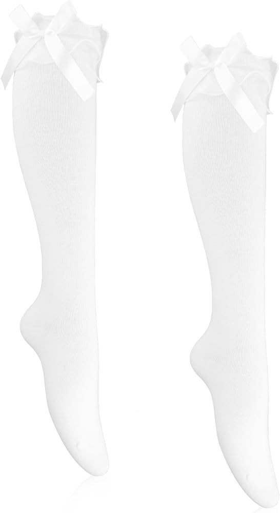 White Knee High Socks with Frilly Ruffle & Bow - Lace Trim Vintage Style Long Socks for Women, Te... | Amazon (US)