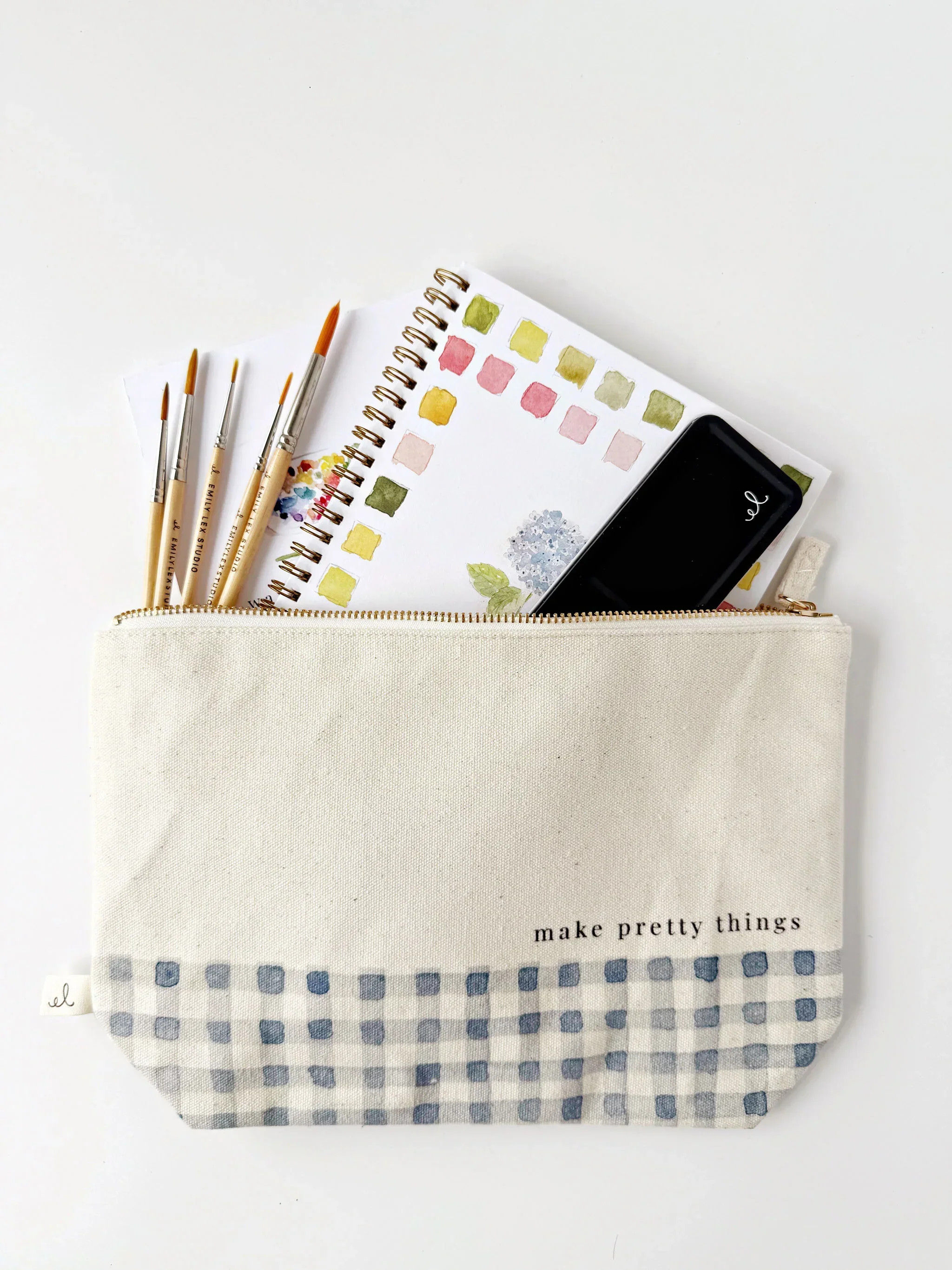 canvas zipper pouch "make pretty things" gingham | Emily Lex Studio