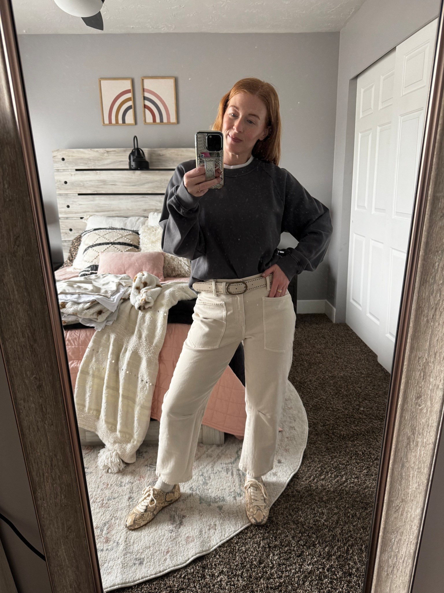 Sweatshirt is a Small
Tee underneath is a Medium
Pants are true size 25
Berlin’s a XS
Shoes are true size 7.5

#LTKootd #LTKmomlife