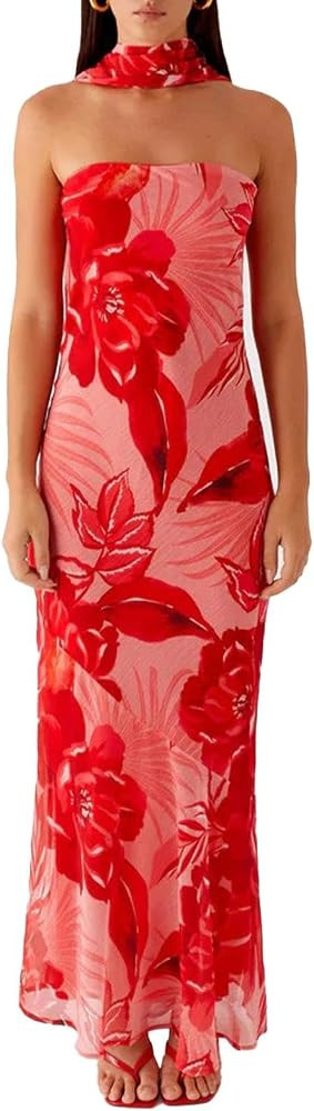 Women Strapless Floral Dress with Sarf Mesh Tube Maxi Dress Summer Cocktail Wedding Guest | Amazon (US)