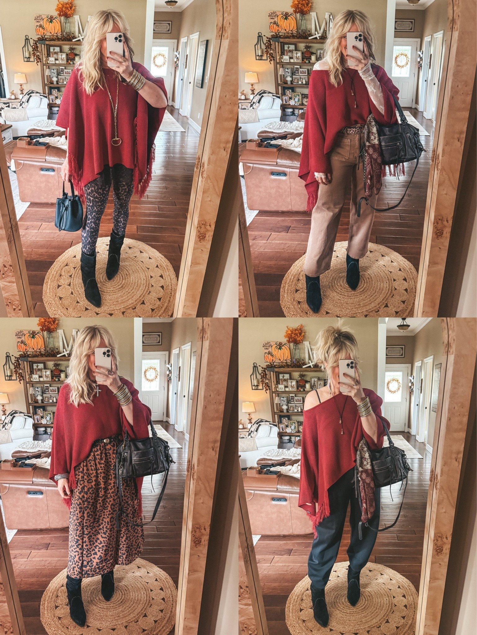 This fringe poncho is so fun & it’s a one size. 
I’m wearing a medium in everything but sized up in the brown jeans and long sleeve mesh top!
✨Save with code MANDIE on the horse bit necklace.