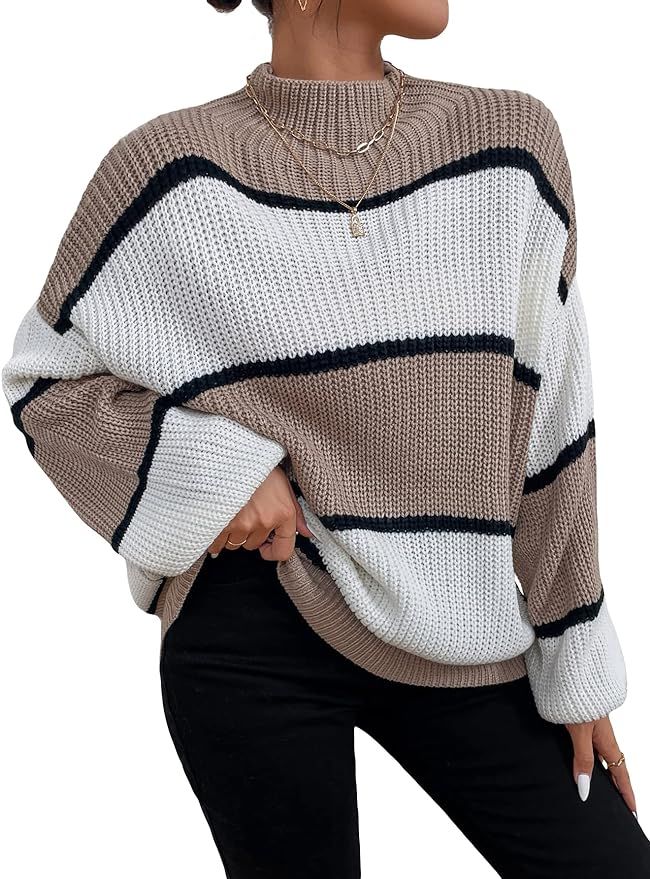 Floerns Women's Casual Colorblock Mock Neck Long Sleeve Pullover Sweater Skirt | Amazon (US)