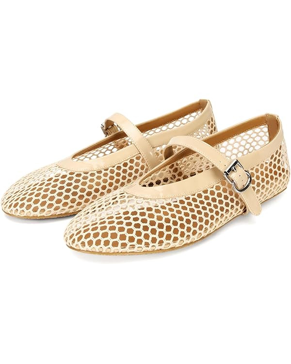 DOEYG Mesh Ballet Flats for Women Buckle Strap Comfy Casual Office Flat Heel Fishnet Ballerina Sh... | Amazon (US)