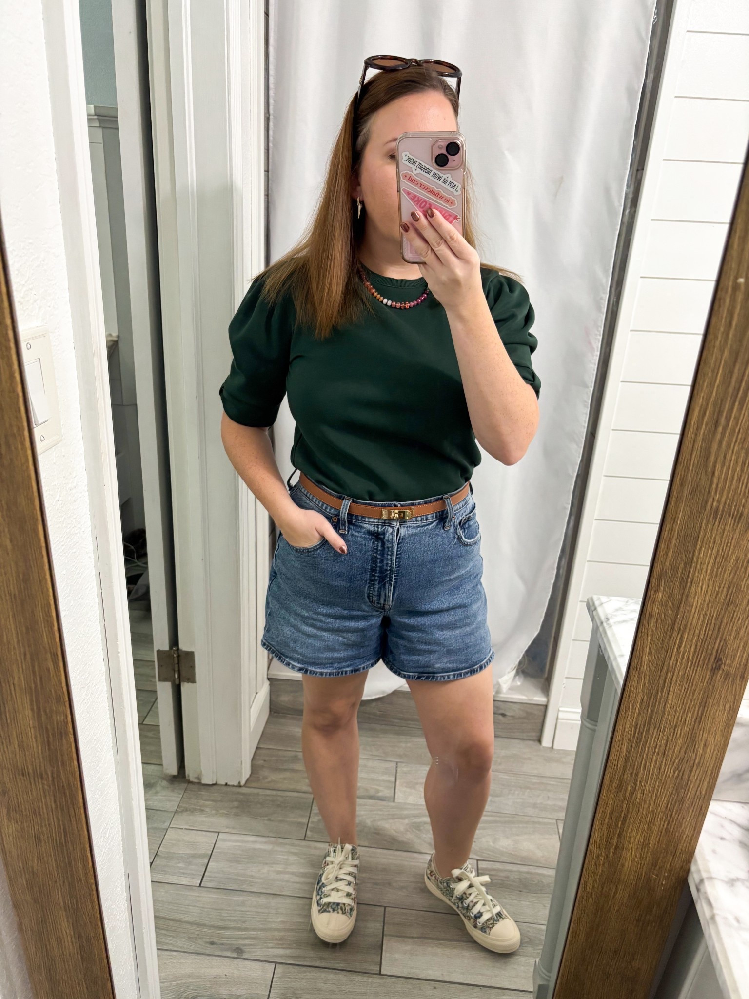 A casual outfit I keep reaching for. The sleeve detail adds interest, and the shoes tie in the green from the top and the red tones from the necklace perfectly.

#LTKootd #LTKmomlife #LTKdayinmylife