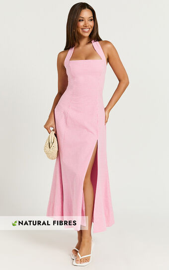 Narissa Midi Dress - Halter A Line Dress in Pink Gingham | Showpo (US, UK & Europe)
