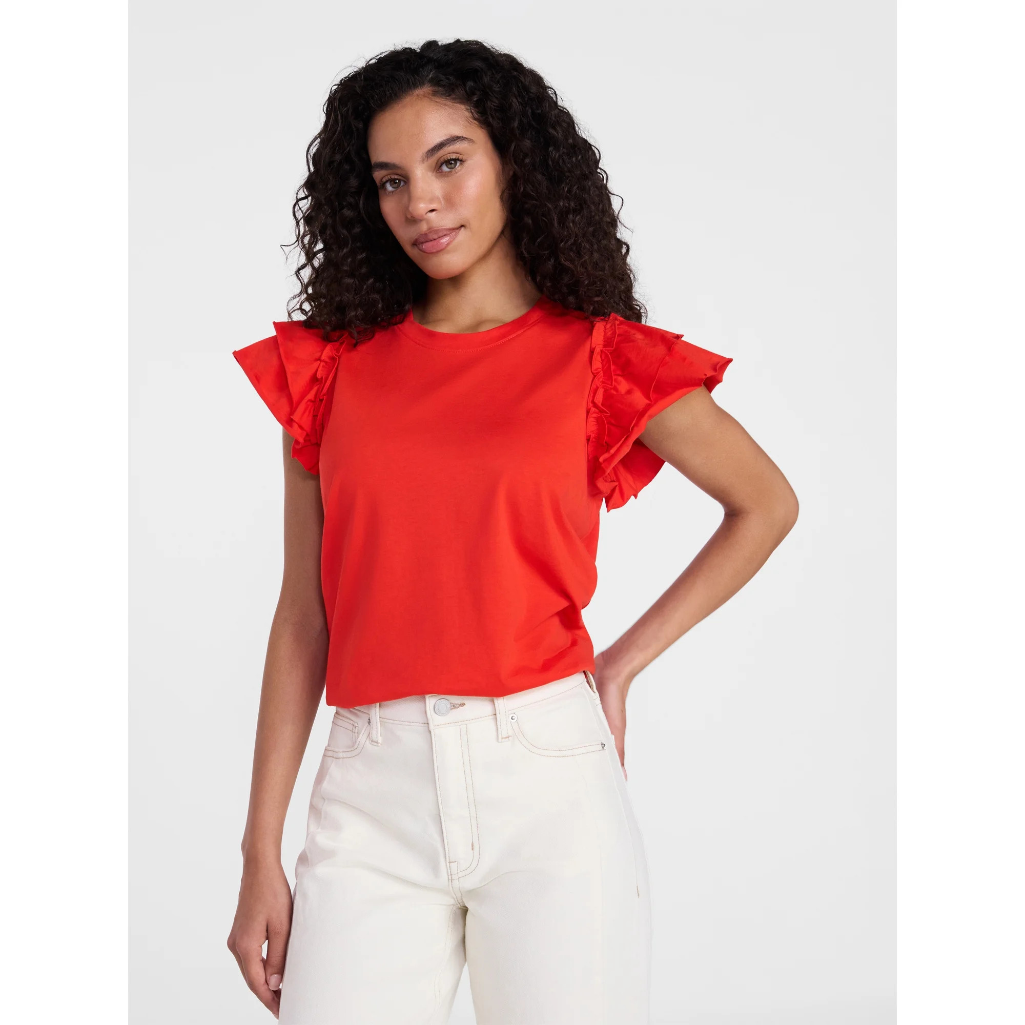 Time and Tru Women's Cotton Crewneck Tee with Ruffle Flutter Sleeves, Sizes XS-XXXL | Walmart (US)