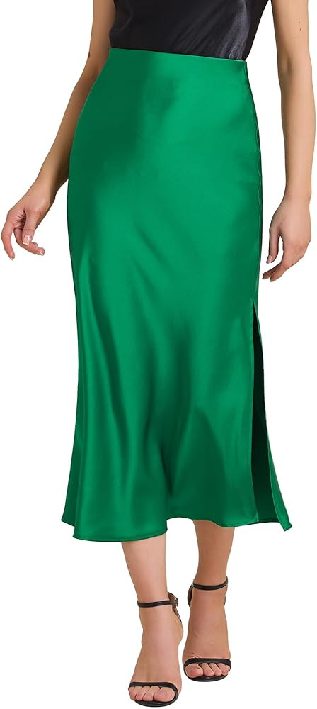 Allegra K Women's Satin Midi Skirt High Waist Elastic Waistband Split Casual A-Line Long Skirts 2... | Amazon (US)