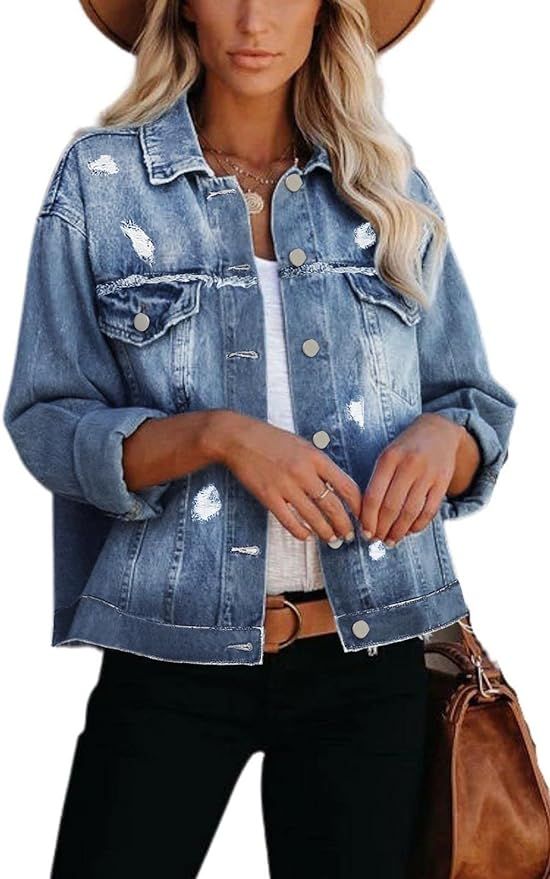Vankovishion Womens Long Sleeve Washed Button Down Basic Denim Jacket With Pockets | Amazon (US)