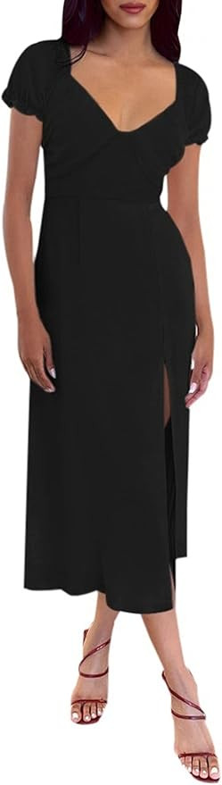 AIMCOO Womens Sweetheart V Neck Floral Midi Dress Short Puff Sleeve Side Split Smocked Back Casua... | Amazon (US)