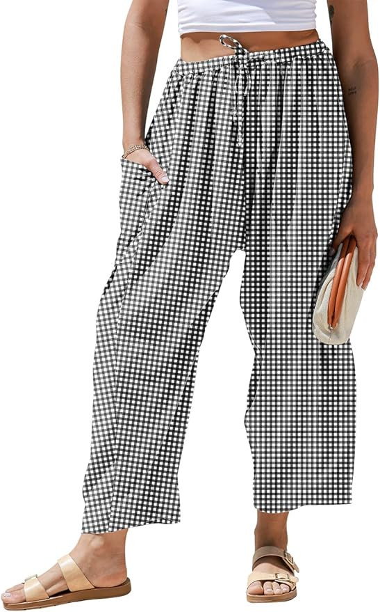 TARSE Womens Wide Leg Striped Plaid Pants Casual Barrel Loose Drawstring Low Waist Palazzo Harem ... | Amazon (US)