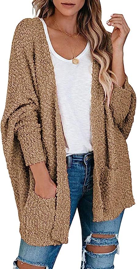 Prinbara Womens Open Front Fuzzy Cardigan Sweaters Batwing Sleeve Lightweight Popcorn Loose Knit ... | Amazon (US)