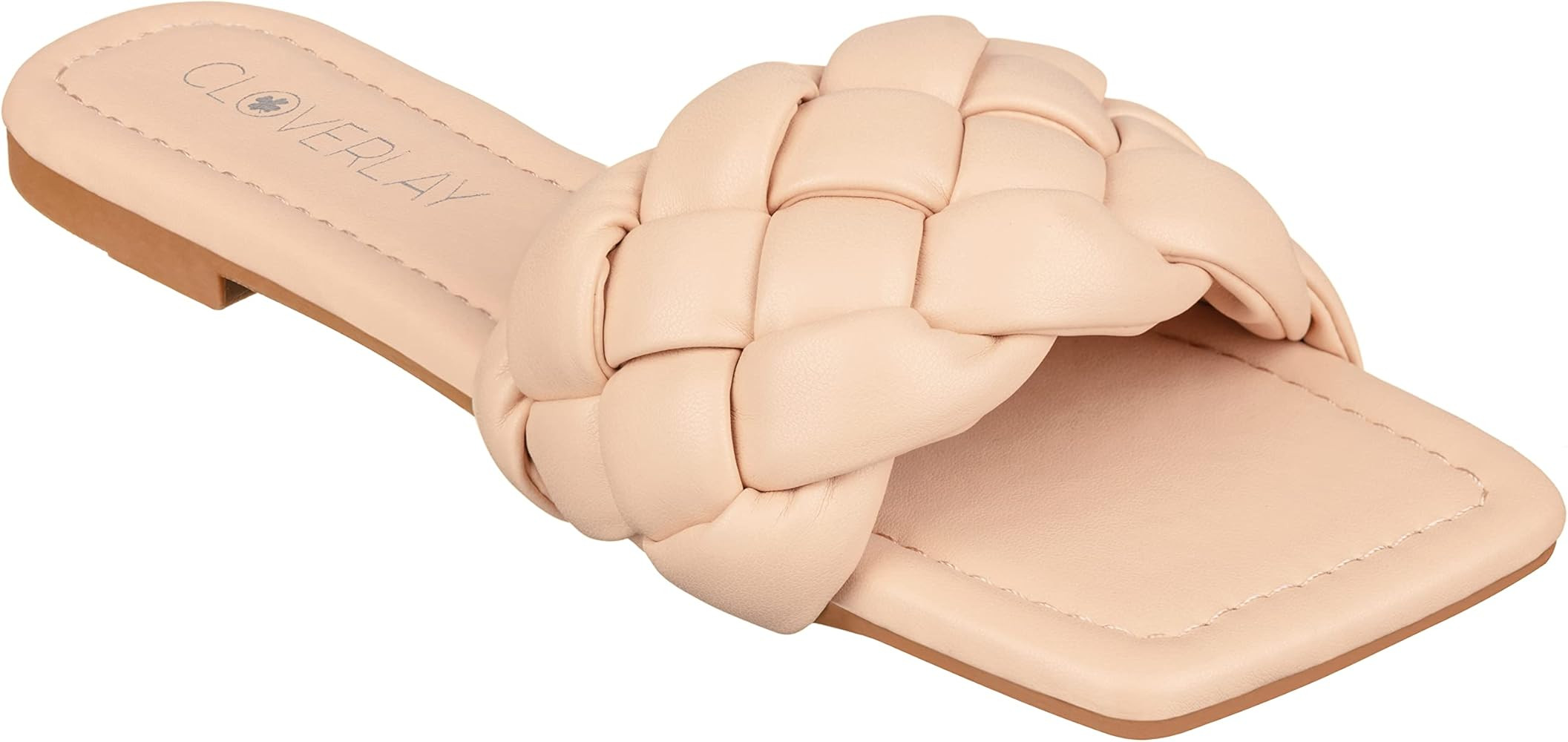 CLOVERLAY Yara Women's Square Open Toe Slides Braided Woven Single Band Slip on Flat Sandals | Amazon (US)