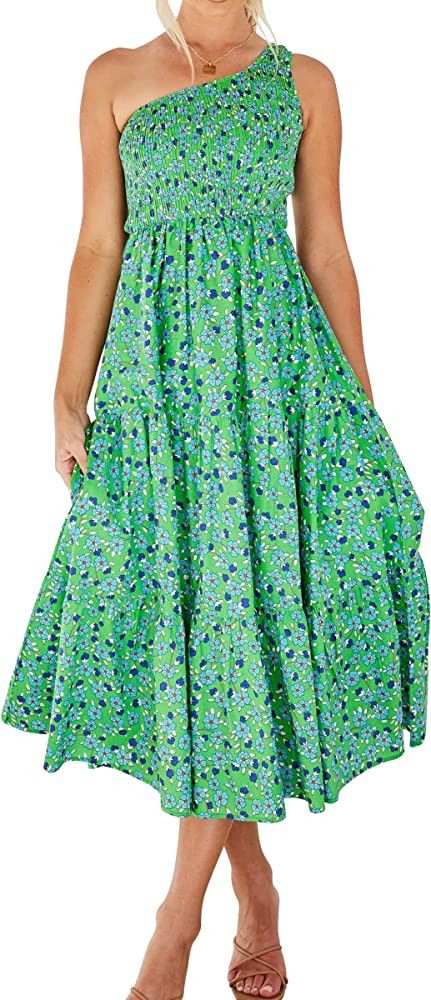 ANRABESS Women's Boho Summer Printed One Shoulder Sleeveless Smocked Flowy Tiered Beach Party Max... | Amazon (US)