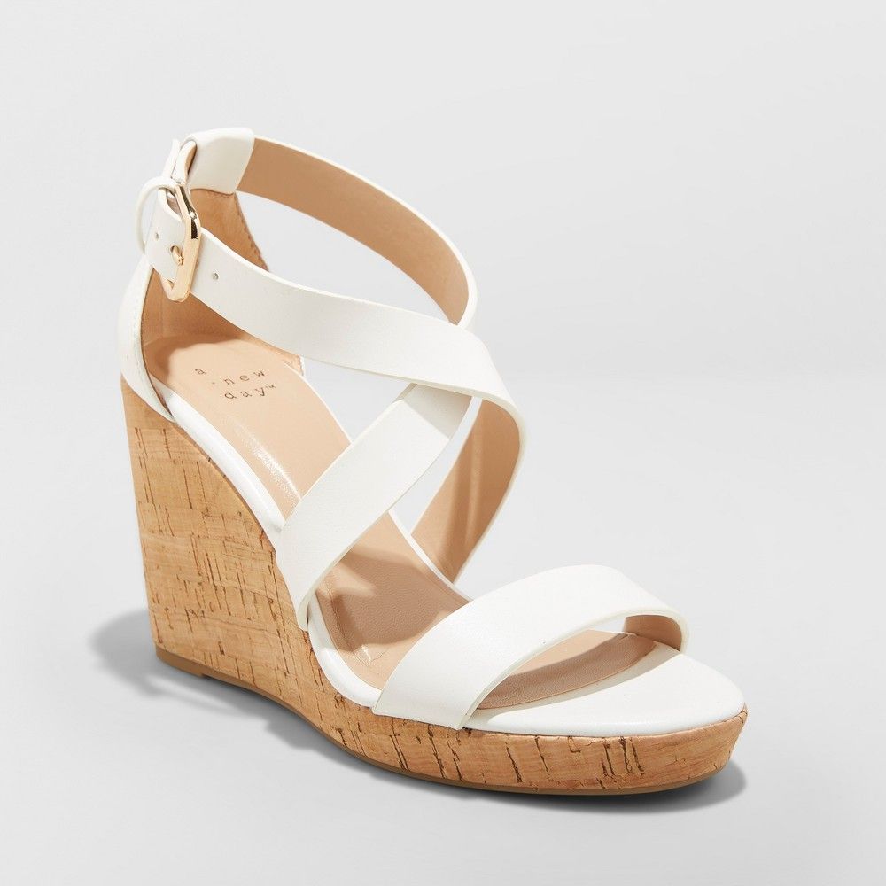 Women's Cecilia Strappy Cork Wedge Ankle Strap Sandal - A New Day White 9.5 | Target