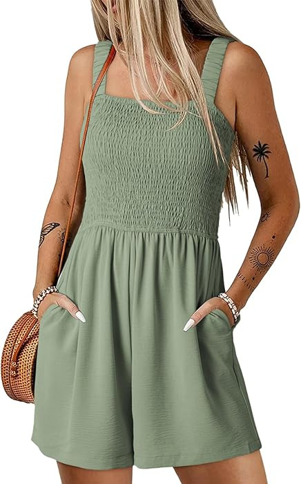 Dokotoo Women's Summer Casual Smocked Rompers Square Neck Sleeveless Loose Shorts Jumpsuits 2026 ... | Amazon (US)