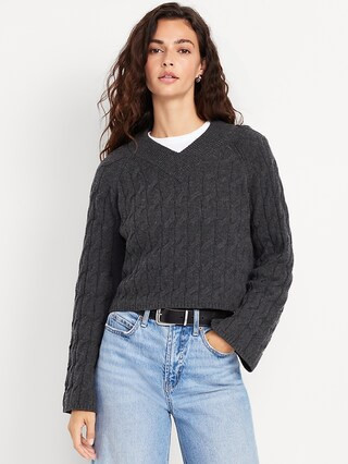 Wool-Blend V-Neck Cable Cropped Sweater | Old Navy (US)