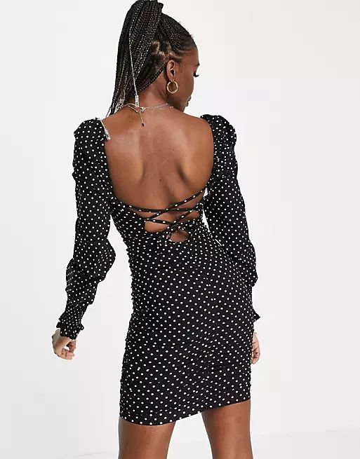 ASOS DESIGN Tall ruched shirred cuff with strappy back in mono spot | ASOS (Global)