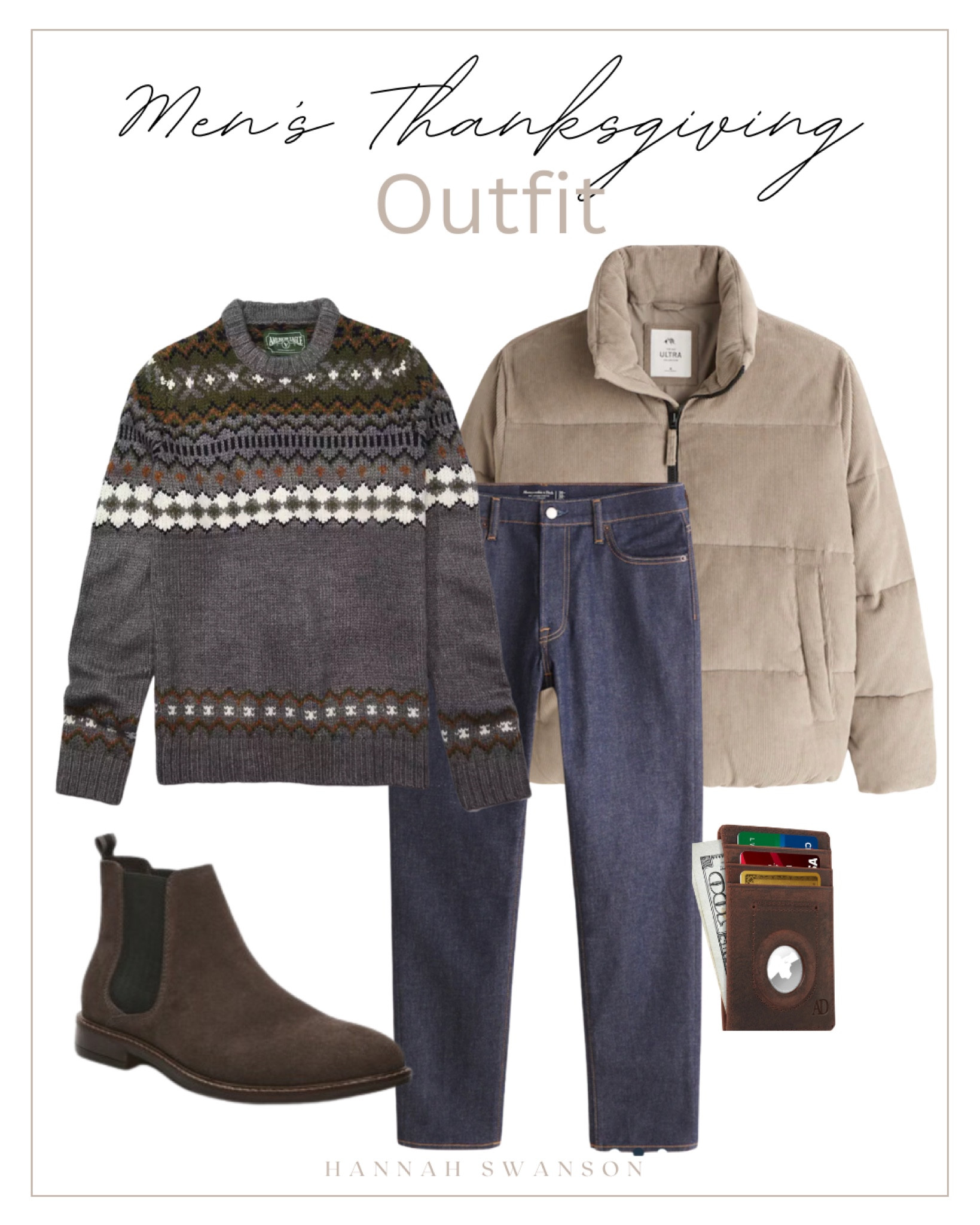 Men’s Thanksgiving Outfit. Men’s Holiday outfit. Apple tag wallet. Men’s brown boot. Men’s sweater. Men’s puffer coat. Men’s jeans. Mens outfit. Dad outfit. Tan men’s coat.

#LTKHoliday #LTKstyletip #LTKSeasonal