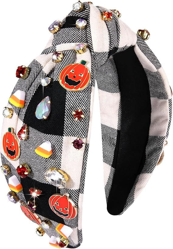 Halloween Knotted Headband for Women Crystal Pumpkin Candy Corn Houndstooth Hairband Halloween Ha... | Amazon (US)
