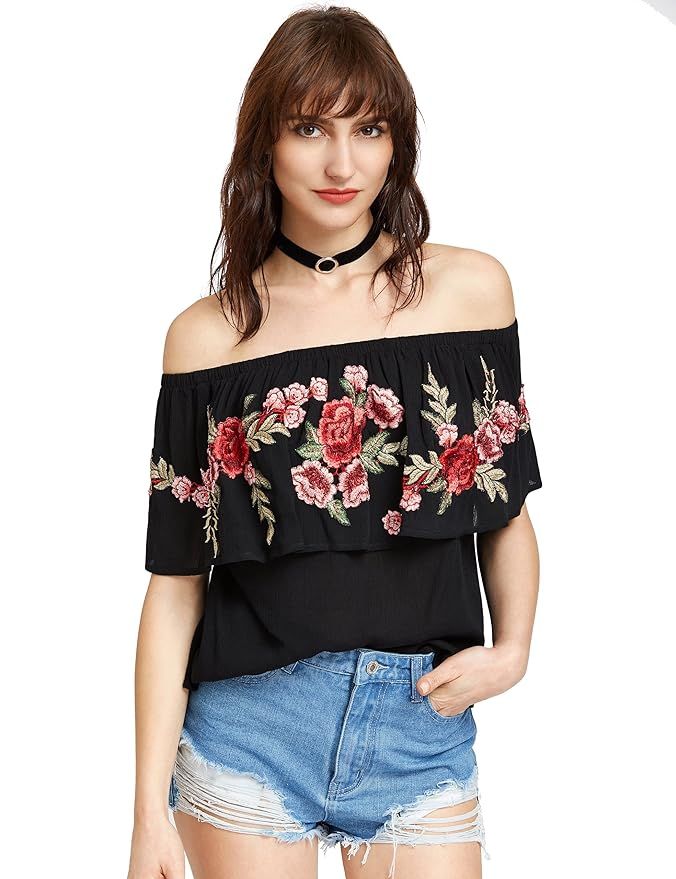 Floerns Women's Ruffle Off Shoulder Rose Embroidery Loose Blouse Top | Amazon (US)