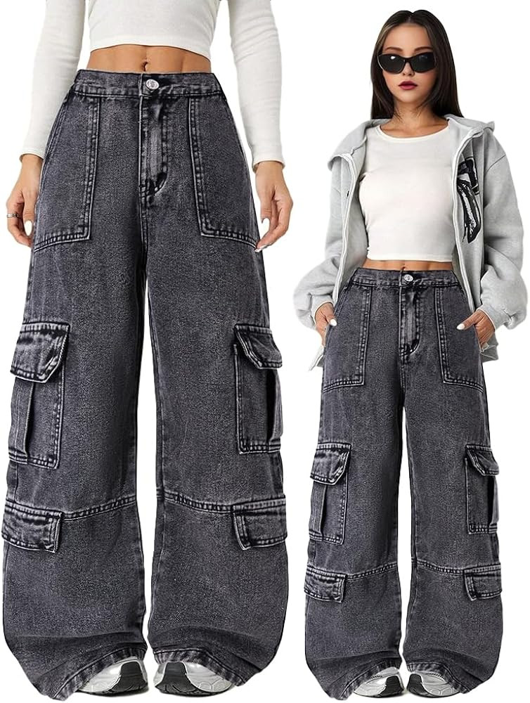 Nivne Tco Tween Girls Cargo Jeans Y2K Solid Washed Black Zipper Fly Baggy Wide Leg Denim Pants wi... | Amazon (US)
