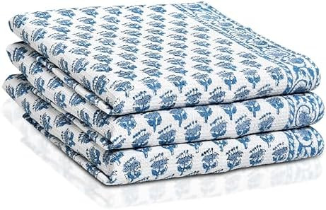 CPC Apatite Blue Hand Block Print Waffle Kitchen Towel Set of 3-16 x28 Ultra Absorbent Quick Dry ... | Amazon (US)