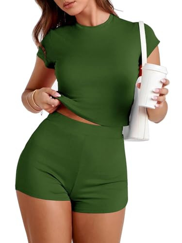 MSLG Workout Outfit Sets for Women Summer Casual Comfy Stretchy Solid Tracksuit Short Sleeve Round Neck Tops Slim Fitted 2 piece Short Set 073 Army Green XS | Amazon (US)
