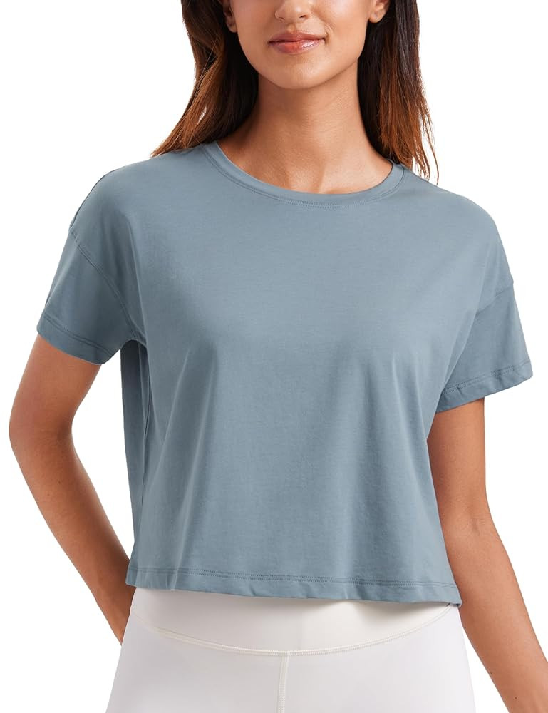 CRZ YOGA Women's Pima Cotton Workout Short Sleeve Shirts Loose Athletic Crop Tops Gym Casual Crop... | Amazon (US)